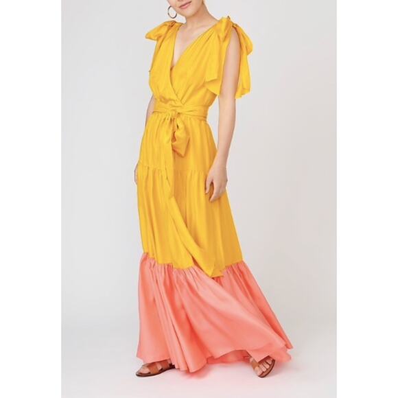 j crew yellow maxi dress NWT J.Crew Silk Colorblock Maxi Tie Dress Yellow Coral Size 6